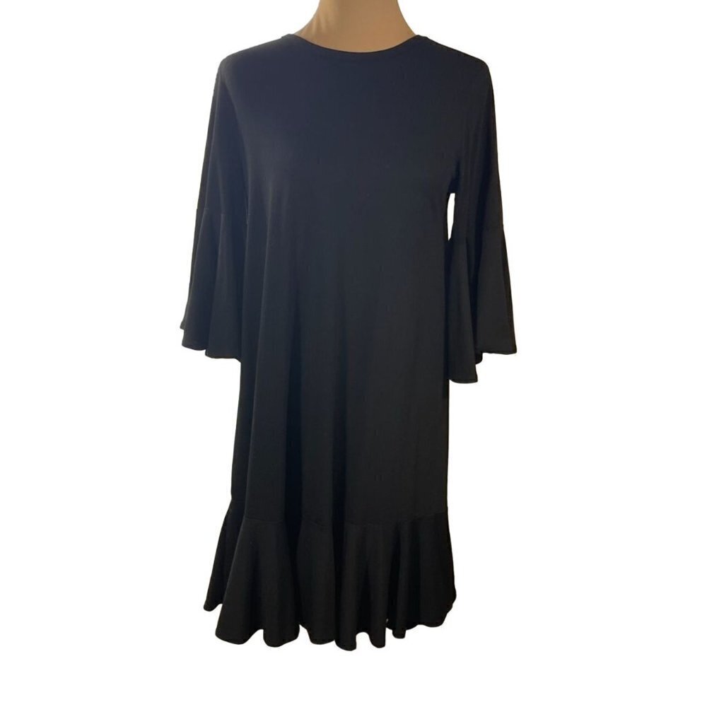 LulaRoe Maurine Knit Dress Solid Black Stretch 3/4 Sleeve Size S Small